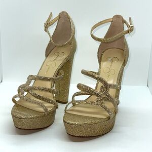Sexy Gold Glittery Jessica Simpson Platform High Heel Sandals. Size 8.